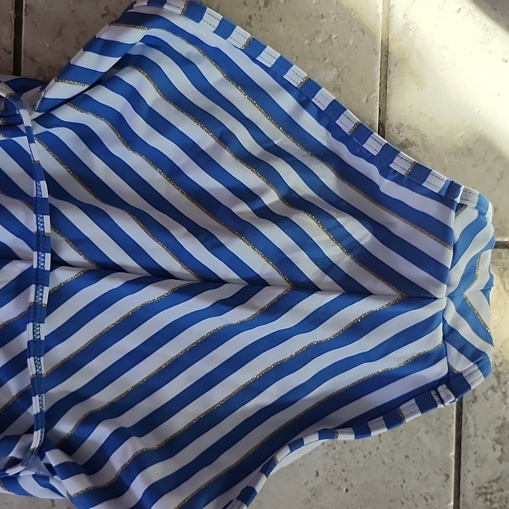 NWT Juicy Couture One Piece Blue & White Gold Tone Chain Halter Neck Swimsuit - Picture 12 of 16